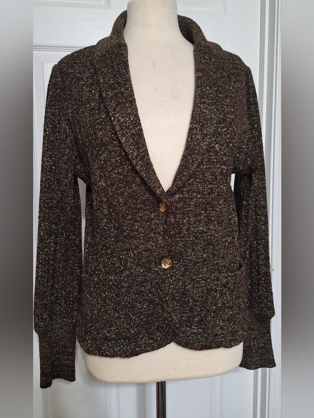 Cache Vtg Wool blend Bronze Gold Shimmer Cable Knit Blazer Button Cardigan Sz L
